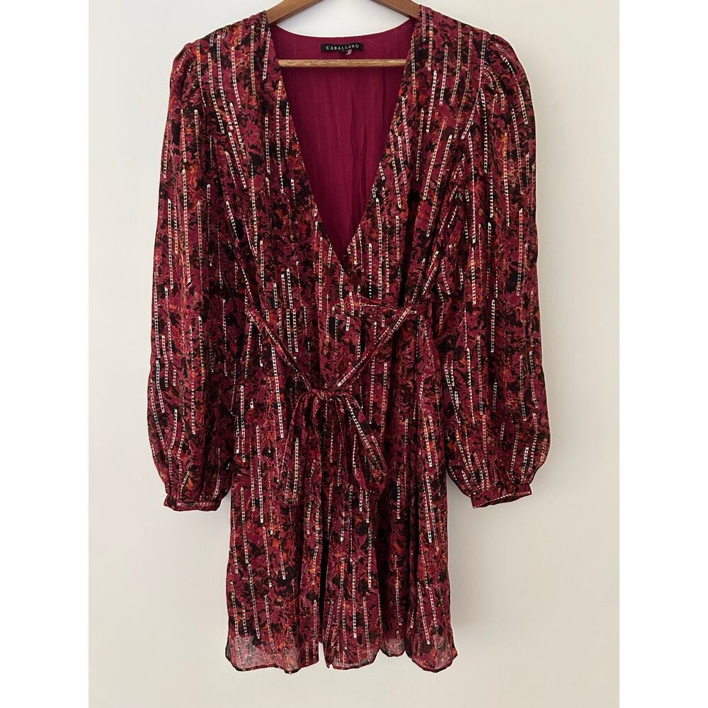 Caballero Sofia Dress Merlot Moonbeam Red Burgundy Gold Long Sleeve Wrap Dress S